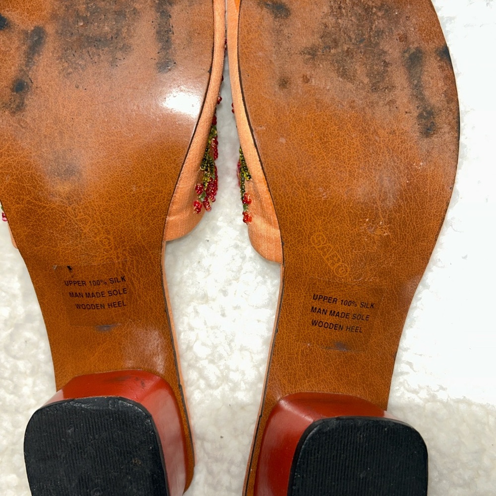 Beaded Silk Slide Sandals Size 10 Made in India Floral Boho Wooden Heel Resort - Picture 6 of 8